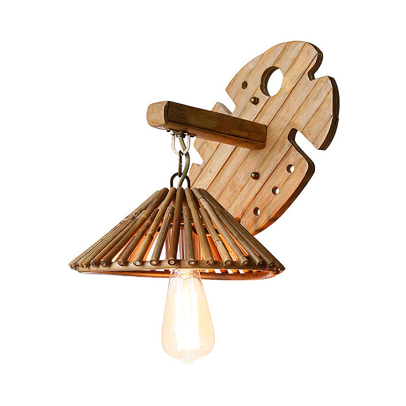 Asian Style Conical Wall Sconce Lighting Bamboo 1-Bulb Porch Wall Mounted Lamp with Wood Backplate in Beige Clearhalo 'Modern wall lights' 'Modern' 'Wall Lamps & Sconces' 'Wall Lights' Lighting' 234616