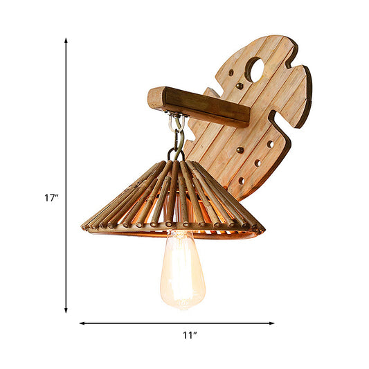 Asian Style Conical Wall Sconce Lighting Bamboo 1-Bulb Porch Wall Mounted Lamp with Wood Backplate in Beige Clearhalo 'Modern wall lights' 'Modern' 'Wall Lamps & Sconces' 'Wall Lights' Lighting' 234617