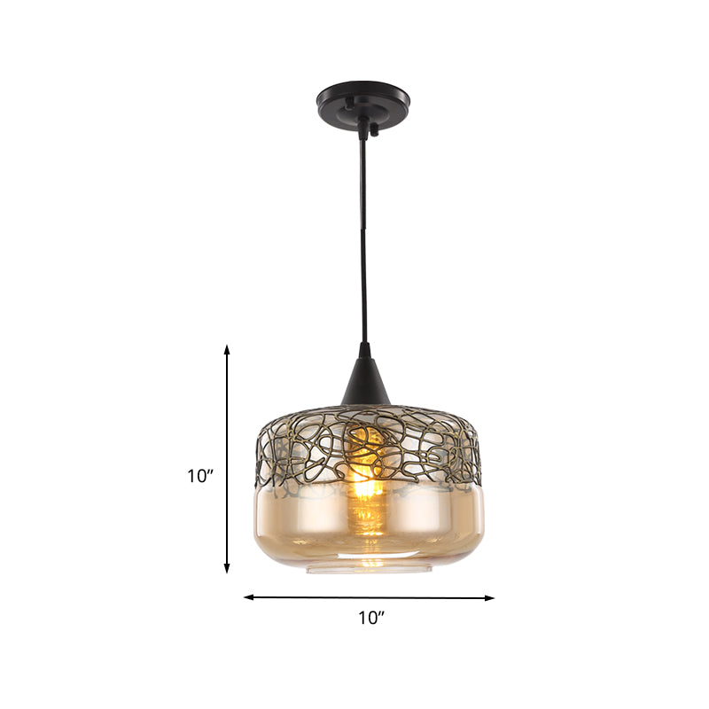 Amber Glass Drum Pendant Lighting Contemporary 1 Head Hanging Lamp Kit for Living Room Clearhalo 'Ceiling Lights' 'Glass shade' 'Glass' 'Pendant Lights' 'Pendants' Lighting' 234625