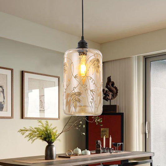 Cylindrical Hanging Light Modernism Amber Glass 1 Head Pendant Lamp with Leaf Pattern for Bedroom Amber Clearhalo 'Ceiling Lights' 'Glass shade' 'Glass' 'Pendant Lights' 'Pendants' Lighting' 234639