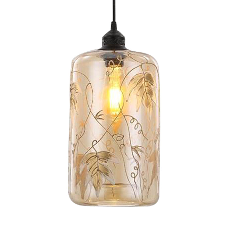 Cylindrical Hanging Light Modernism Amber Glass 1 Head Pendant Lamp with Leaf Pattern for Bedroom Clearhalo 'Ceiling Lights' 'Glass shade' 'Glass' 'Pendant Lights' 'Pendants' Lighting' 234641