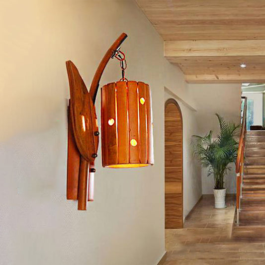 Brown Cylinder Shade Wall Lamp Lodge Style 1-Light Bamboo Wall Light Sconce with Leaf Decor for Corridor Brown Clearhalo 'Modern wall lights' 'Modern' 'Wall Lamps & Sconces' 'Wall Lights' Lighting' 234644