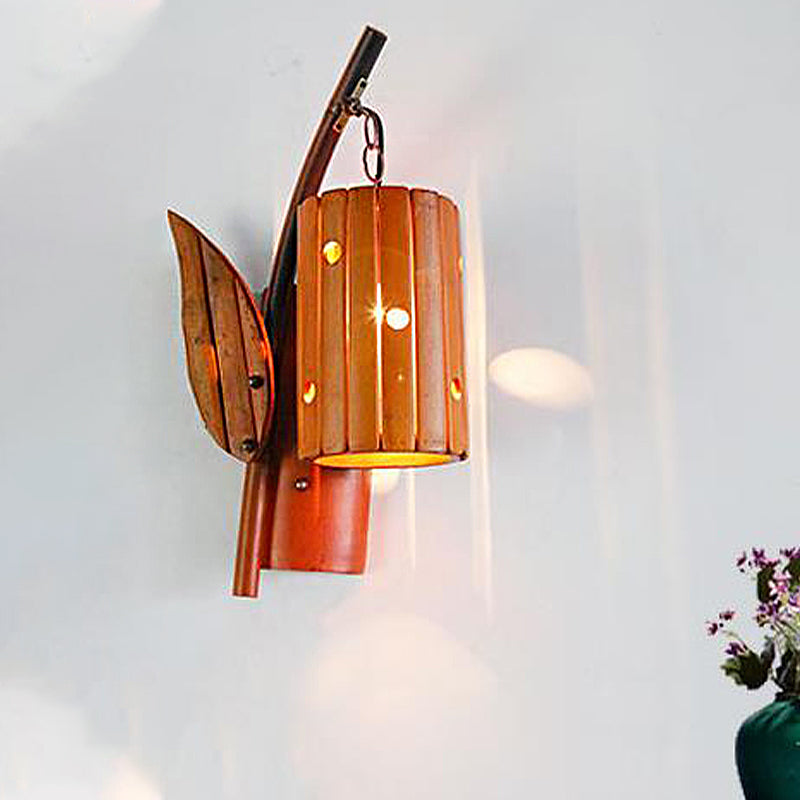 Brown Cylinder Shade Wall Lamp Lodge Style 1-Light Bamboo Wall Light Sconce with Leaf Decor for Corridor Clearhalo 'Modern wall lights' 'Modern' 'Wall Lamps & Sconces' 'Wall Lights' Lighting' 234645