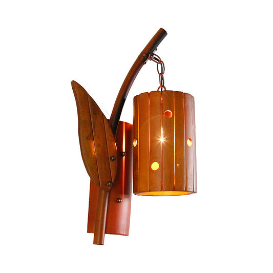 Brown Cylinder Shade Wall Lamp Lodge Style 1-Light Bamboo Wall Light Sconce with Leaf Decor for Corridor Clearhalo 'Modern wall lights' 'Modern' 'Wall Lamps & Sconces' 'Wall Lights' Lighting' 234646