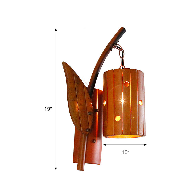 Brown Cylinder Shade Wall Lamp Lodge Style 1-Light Bamboo Wall Light Sconce with Leaf Decor for Corridor Clearhalo 'Modern wall lights' 'Modern' 'Wall Lamps & Sconces' 'Wall Lights' Lighting' 234647