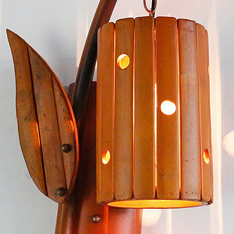 Brown Cylinder Shade Wall Lamp Lodge Style 1-Light Bamboo Wall Light Sconce with Leaf Decor for Corridor Clearhalo 'Modern wall lights' 'Modern' 'Wall Lamps & Sconces' 'Wall Lights' Lighting' 234648