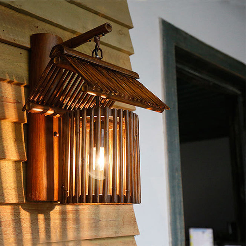 Brown/Wood House Shaped Wall Light Sconce Lodge Stylish 1 Light Bamboo Sconce Lamp for Balcony Brown Clearhalo 'Modern wall lights' 'Modern' 'Wall Lamps & Sconces' 'Wall Lights' Lighting' 234649