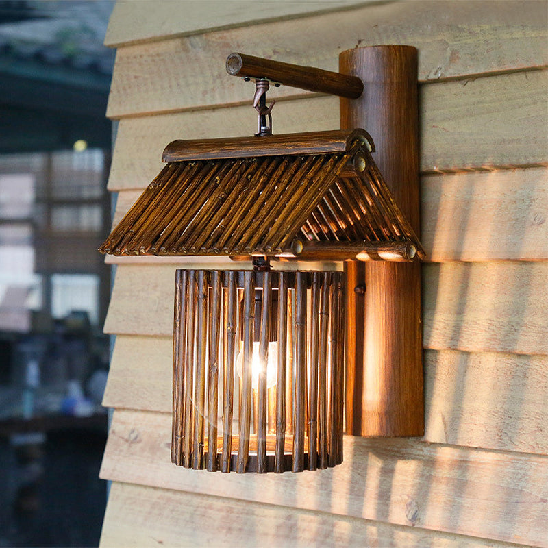 Brown/Wood House Shaped Wall Light Sconce Lodge Stylish 1 Light Bamboo Sconce Lamp for Balcony Clearhalo 'Modern wall lights' 'Modern' 'Wall Lamps & Sconces' 'Wall Lights' Lighting' 234650