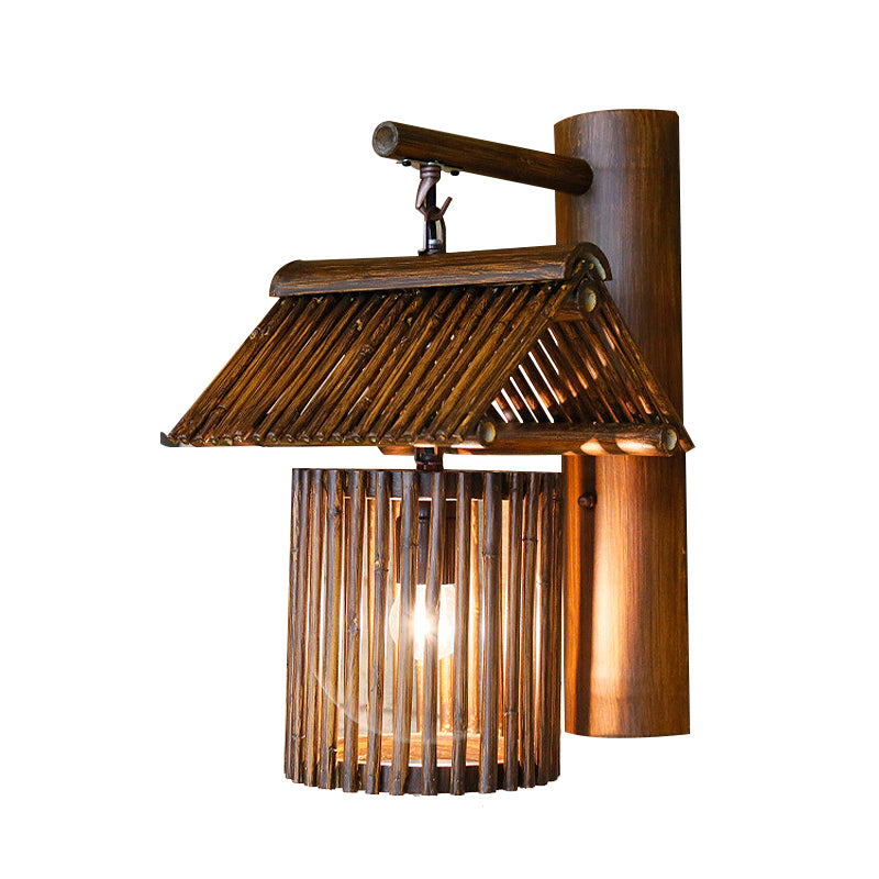 Brown/Wood House Shaped Wall Light Sconce Lodge Stylish 1 Light Bamboo Sconce Lamp for Balcony Clearhalo 'Modern wall lights' 'Modern' 'Wall Lamps & Sconces' 'Wall Lights' Lighting' 234651