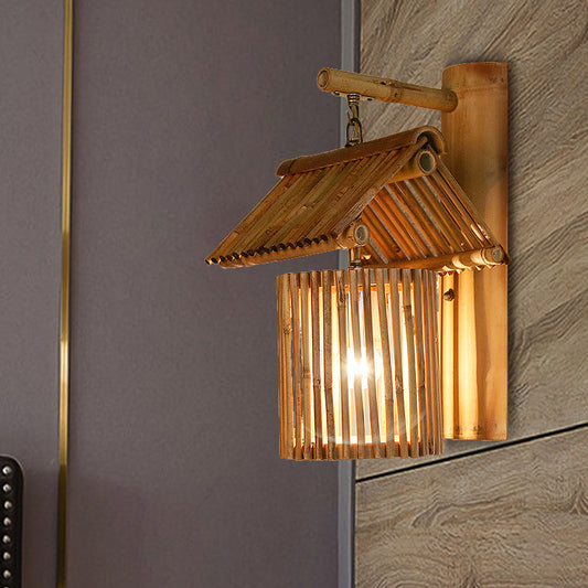 Brown/Wood House Shaped Wall Light Sconce Lodge Stylish 1 Light Bamboo Sconce Lamp for Balcony Wood Clearhalo 'Modern wall lights' 'Modern' 'Wall Lamps & Sconces' 'Wall Lights' Lighting' 234652