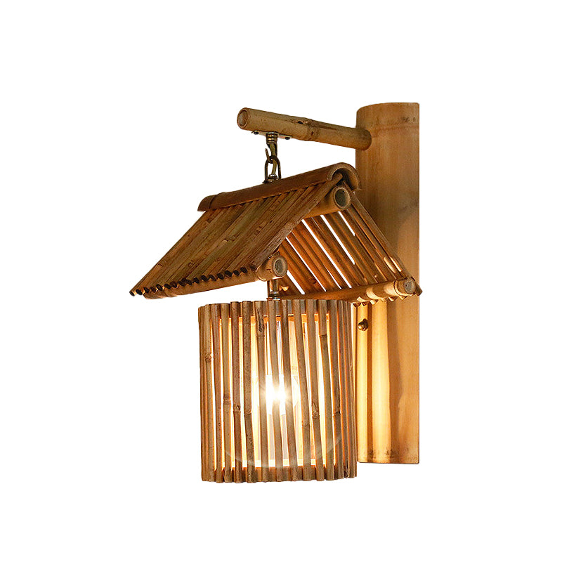 Brown/Wood House Shaped Wall Light Sconce Lodge Stylish 1 Light Bamboo Sconce Lamp for Balcony Clearhalo 'Modern wall lights' 'Modern' 'Wall Lamps & Sconces' 'Wall Lights' Lighting' 234654