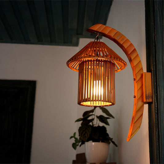 Country Style House Shaped Wall Light Fixture Bamboo 1 Bulb Corridor Sconce Lighting with Arc Arm in Brown Brown Clearhalo 'Modern wall lights' 'Modern' 'Wall Lamps & Sconces' 'Wall Lights' Lighting' 234656