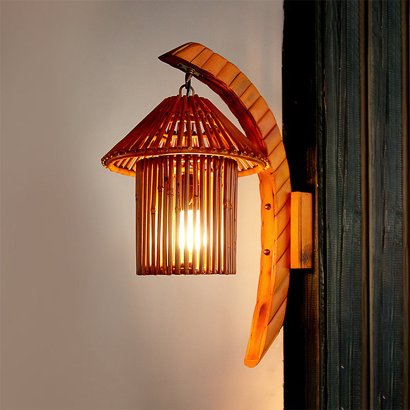 Country Style House Shaped Wall Light Fixture Bamboo 1 Bulb Corridor Sconce Lighting with Arc Arm in Brown Clearhalo 'Modern wall lights' 'Modern' 'Wall Lamps & Sconces' 'Wall Lights' Lighting' 234657