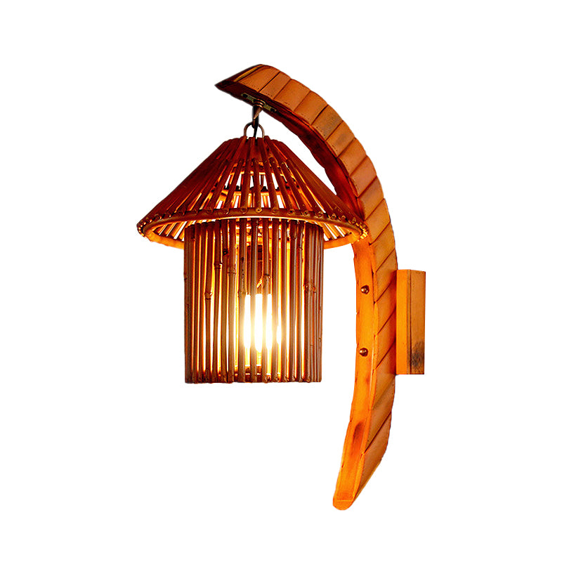 Country Style House Shaped Wall Light Fixture Bamboo 1 Bulb Corridor Sconce Lighting with Arc Arm in Brown Clearhalo 'Modern wall lights' 'Modern' 'Wall Lamps & Sconces' 'Wall Lights' Lighting' 234658