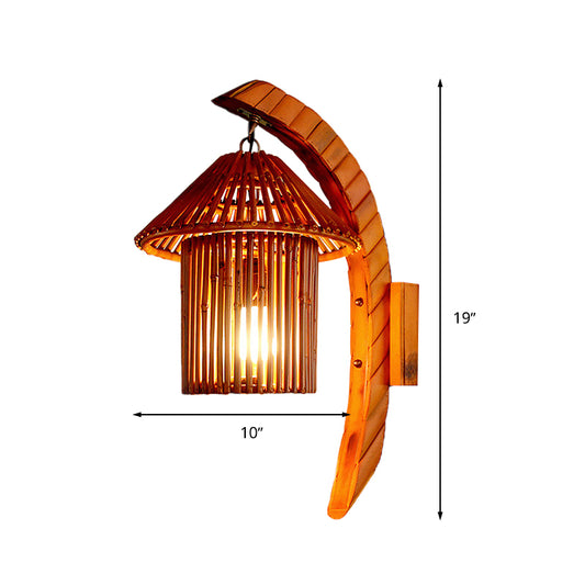 Country Style House Shaped Wall Light Fixture Bamboo 1 Bulb Corridor Sconce Lighting with Arc Arm in Brown Clearhalo 'Modern wall lights' 'Modern' 'Wall Lamps & Sconces' 'Wall Lights' Lighting' 234659