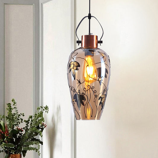 1 Bulb Pot Ceiling Lamp Traditional Copper Glass Hanging Lamp Kit with Maple Leaf Pattern Copper Clearhalo 'Ceiling Lights' 'Glass shade' 'Glass' 'Pendant Lights' 'Pendants' Lighting' 234754