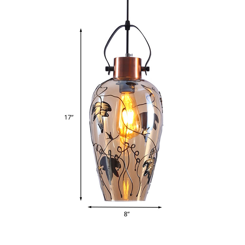 1 Bulb Pot Ceiling Lamp Traditional Copper Glass Hanging Lamp Kit with Maple Leaf Pattern Clearhalo 'Ceiling Lights' 'Glass shade' 'Glass' 'Pendant Lights' 'Pendants' Lighting' 234757