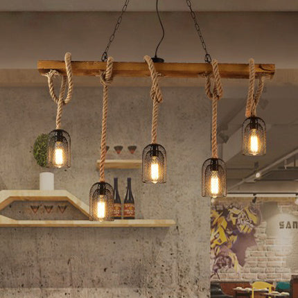 Metal Mesh Bell Shade Island Pendant Light with Hanging Rope Industrial 3/5 Bulbs Restaurant Island Lighting in Black 5 Black Clearhalo 'Ceiling Lights' 'Island Lights' Lighting' 23499