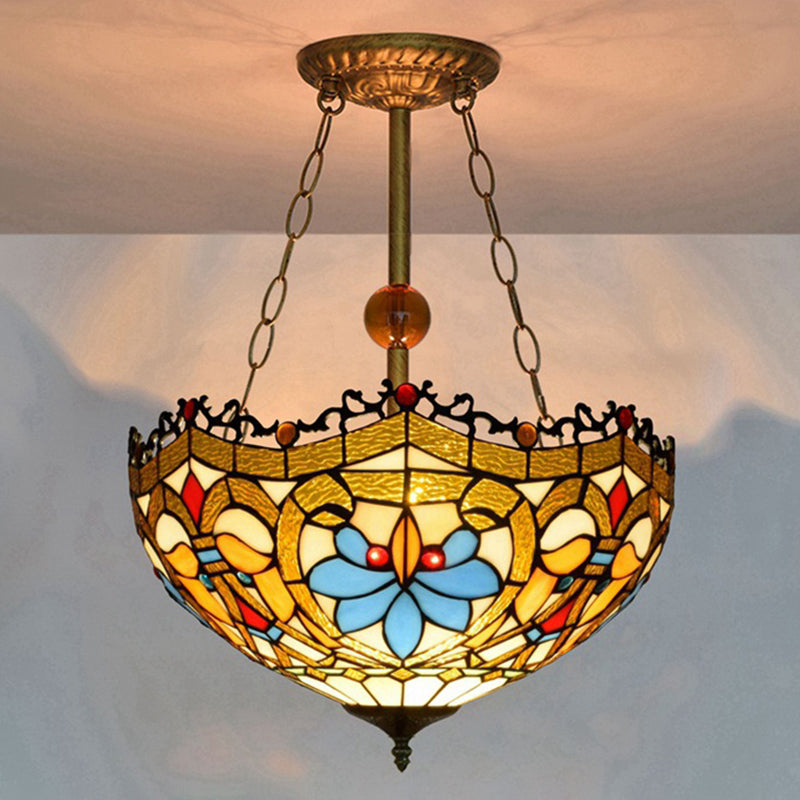 16" W Dome-Shaped Semi Flush Mount Retro Style Stained Glass 1 Light Semi Flush Light for Dining Room Gold 16" Clearhalo 'Ceiling Lights' 'Close To Ceiling Lights' 'Close to ceiling' 'Glass shade' 'Glass' 'Pendant Lights' 'Semi-flushmount' 'Tiffany close to ceiling' 'Tiffany' Lighting' 235012