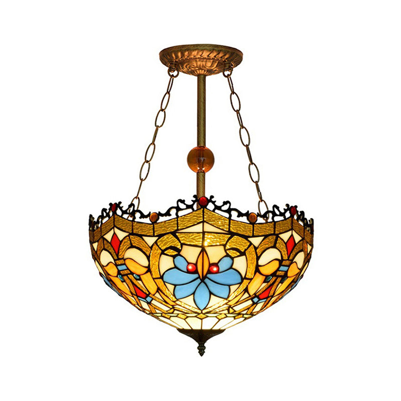 16" W Dome-Shaped Semi Flush Mount Retro Style Stained Glass 1 Light Semi Flush Light for Dining Room Clearhalo 'Ceiling Lights' 'Close To Ceiling Lights' 'Close to ceiling' 'Glass shade' 'Glass' 'Pendant Lights' 'Semi-flushmount' 'Tiffany close to ceiling' 'Tiffany' Lighting' 235013
