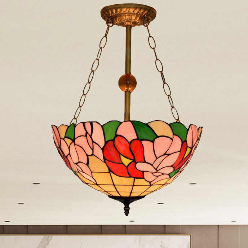 16" W Dome-Shaped Semi Flush Mount Retro Style Stained Glass 1 Light Semi Flush Light for Dining Room Red-Pink 16" Clearhalo 'Ceiling Lights' 'Close To Ceiling Lights' 'Close to ceiling' 'Glass shade' 'Glass' 'Pendant Lights' 'Semi-flushmount' 'Tiffany close to ceiling' 'Tiffany' Lighting' 235021