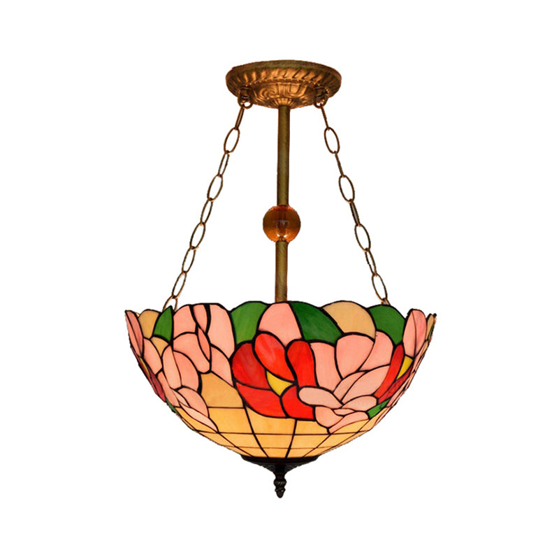 16" W Dome-Shaped Semi Flush Mount Retro Style Stained Glass 1 Light Semi Flush Light for Dining Room Clearhalo 'Ceiling Lights' 'Close To Ceiling Lights' 'Close to ceiling' 'Glass shade' 'Glass' 'Pendant Lights' 'Semi-flushmount' 'Tiffany close to ceiling' 'Tiffany' Lighting' 235022
