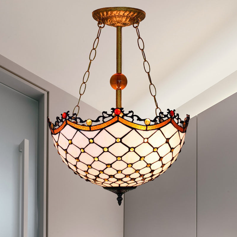 16" W Dome-Shaped Semi Flush Mount Retro Style Stained Glass 1 Light Semi Flush Light for Dining Room White 16" Clearhalo 'Ceiling Lights' 'Close To Ceiling Lights' 'Close to ceiling' 'Glass shade' 'Glass' 'Pendant Lights' 'Semi-flushmount' 'Tiffany close to ceiling' 'Tiffany' Lighting' 235024