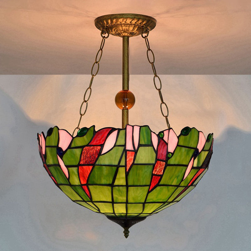 16" W Dome-Shaped Semi Flush Mount Retro Style Stained Glass 1 Light Semi Flush Light for Dining Room Green 16" Clearhalo 'Ceiling Lights' 'Close To Ceiling Lights' 'Close to ceiling' 'Glass shade' 'Glass' 'Pendant Lights' 'Semi-flushmount' 'Tiffany close to ceiling' 'Tiffany' Lighting' 235032