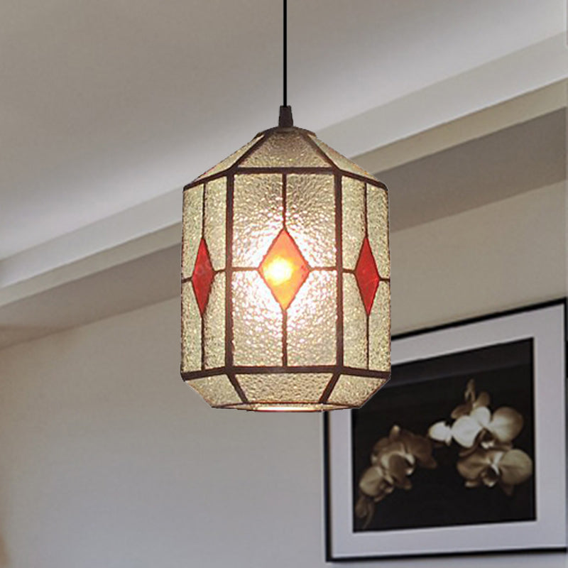 Cylinder Stainless Glass Hanging Light Tiffany Style 1 Light Red/Green Down Lighting with Rhombus/Leaf Pattern Red Clearhalo 'Ceiling Lights' 'Industrial' 'Middle Century Pendants' 'Pendant Lights' 'Pendants' 'Tiffany close to ceiling' 'Tiffany Pendants' 'Tiffany' Lighting' 235139