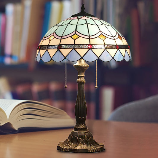 Baroque Style Dome/Bowl Reading Light 1 Light Stained Glass Table Lighting with Metal Base in Blue Clearhalo 'Lamps' 'Table Lamps' Lighting' 235212