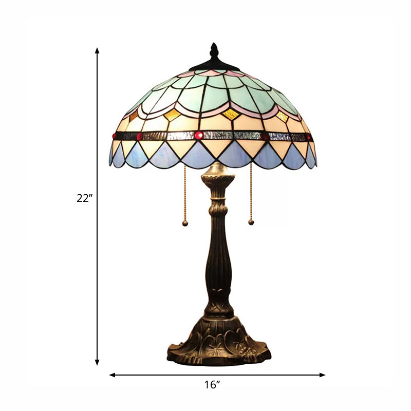 Baroque Style Dome/Bowl Reading Light 1 Light Stained Glass Table Lighting with Metal Base in Blue Clearhalo 'Lamps' 'Table Lamps' Lighting' 235213