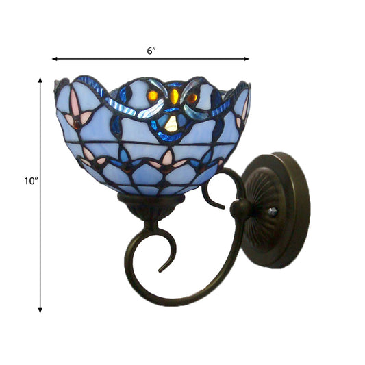 Bowl Wall Mount Light with Curved Arm 1 Light Stained Glass Victorian Sconce Light in Brown/Blue Clearhalo 'Industrial' 'Middle century wall lights' 'Tiffany wall lights' 'Tiffany' 'Wall Lamps & Sconces' 'Wall Lights' Lighting' 235222