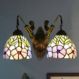 Tiffany Peony Sconce Light Fixture 2 Heads Stained Glass Wall Mounted Light in Brass Brass Clearhalo 'Industrial' 'Middle century wall lights' 'Tiffany wall lights' 'Tiffany' 'Wall Lamps & Sconces' 'Wall Lights' Lighting' 235239