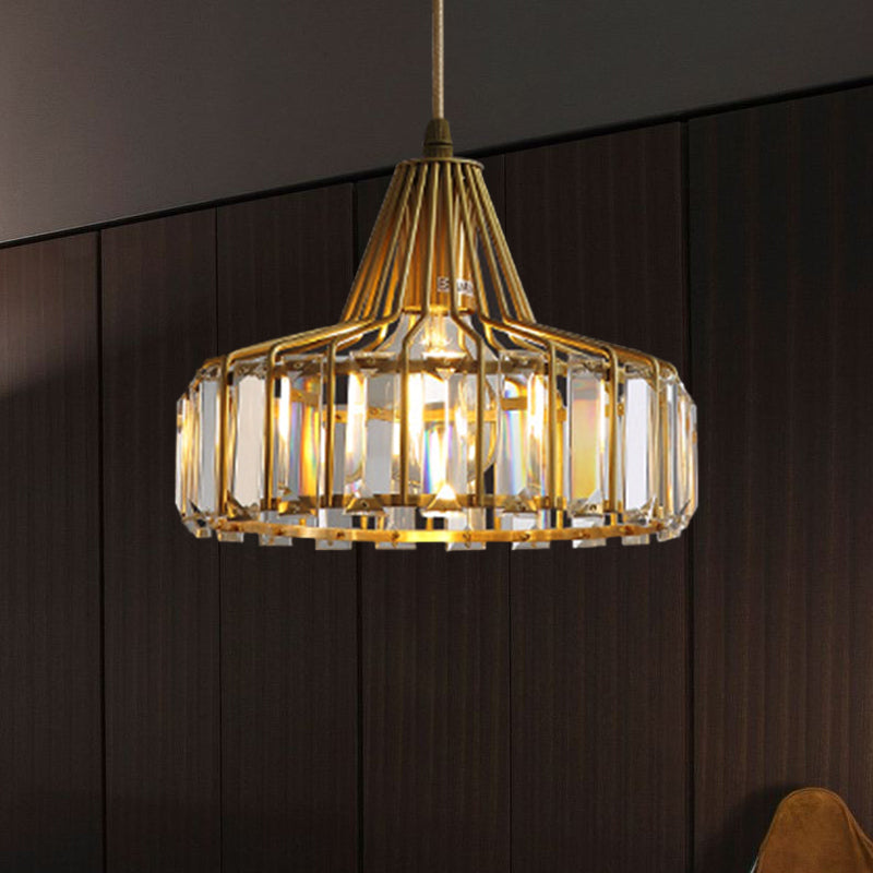 Crystal Block Drum Pendant Light Contemporary 1 Light 10"/14" Wide Gold Hanging Light Gold Clearhalo 'Ceiling Lights' 'Modern Pendants' 'Modern' 'Pendant Lights' 'Pendants' Lighting' 235292