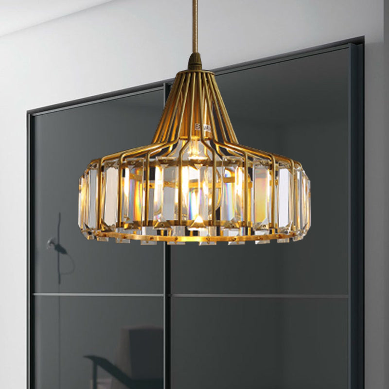 Crystal Block Drum Pendant Light Contemporary 1 Light 10"/14" Wide Gold Hanging Light Clearhalo 'Ceiling Lights' 'Modern Pendants' 'Modern' 'Pendant Lights' 'Pendants' Lighting' 235293