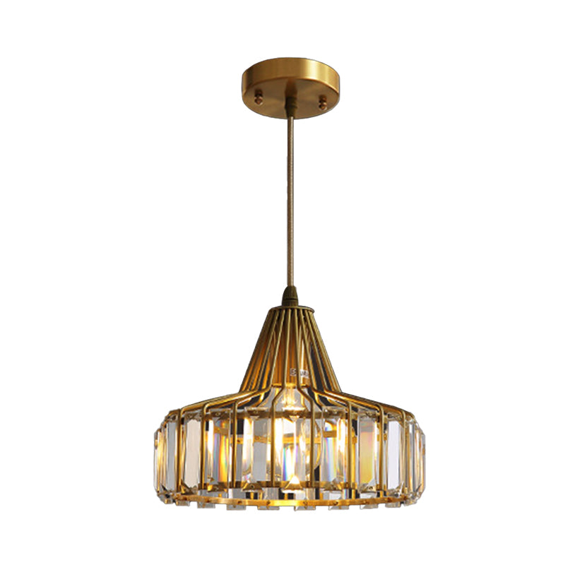 Crystal Block Drum Pendant Light Contemporary 1 Light 10"/14" Wide Gold Hanging Light Clearhalo 'Ceiling Lights' 'Modern Pendants' 'Modern' 'Pendant Lights' 'Pendants' Lighting' 235294