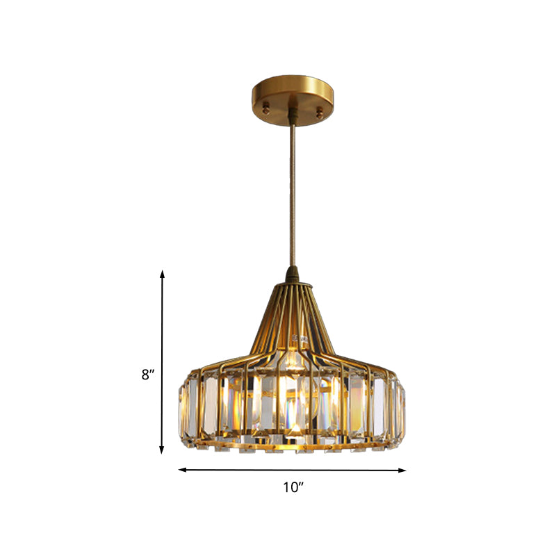 Crystal Block Drum Pendant Light Contemporary 1 Light 10"/14" Wide Gold Hanging Light Clearhalo 'Ceiling Lights' 'Modern Pendants' 'Modern' 'Pendant Lights' 'Pendants' Lighting' 235295