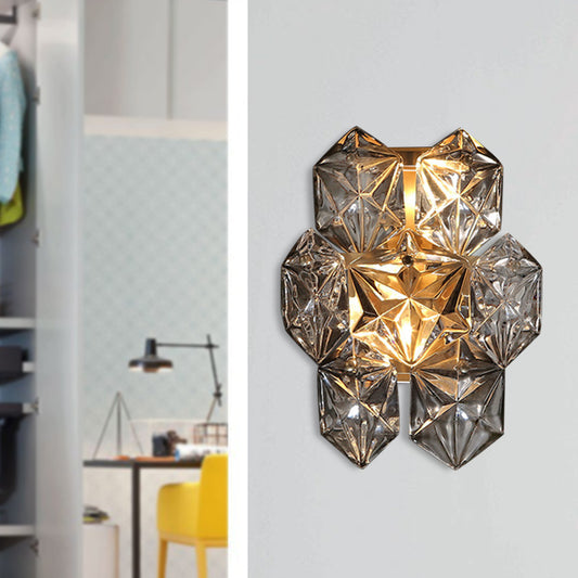 Clear Crystal Hexagon Wall Light Modern Style 8.5"/12.5" W 2 Lights Brass Finish Wall Sconce Light for Living Room Clearhalo 'Modern wall lights' 'Modern' 'Wall Lamps & Sconces' 'Wall Lights' Lighting' 235298