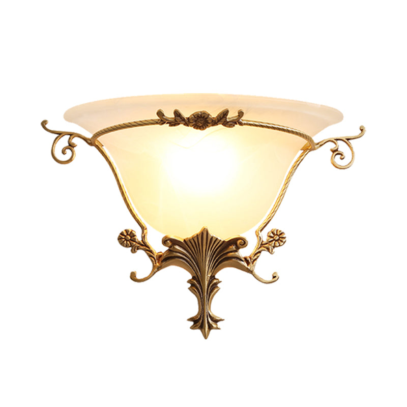 Trumpet Flare Sconce Light Traditionary Milk Glass 1 Bulb Brass Wall Mounted Lamp with Vine Decoration Clearhalo 'Wall Lamps & Sconces' 'Wall Lights' Lighting' 235308