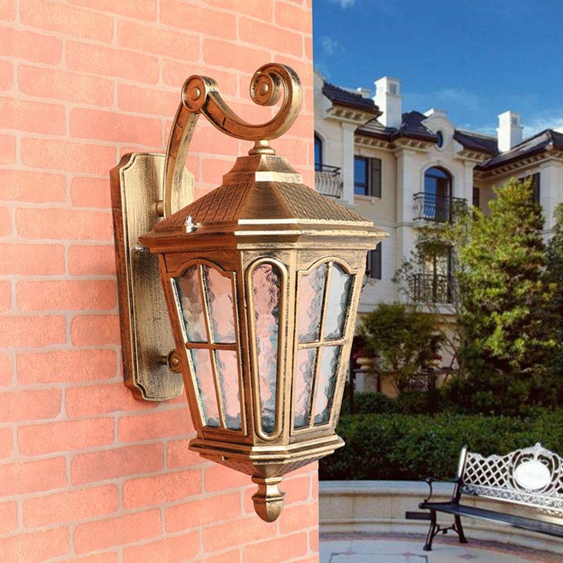 Bronze Tapered Outdoor Wall Lantern Antique Rippled Glass Patio Solar LED Wall Light Fixture Clearhalo 'Wall Lamps & Sconces' 'Wall Lights' Lighting' 2353377