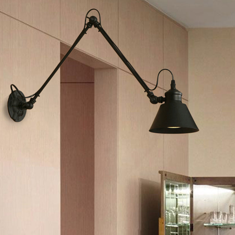 1 Head Conic Wall Mount Fixture Retro Style Black/Chrome Metal Swing Arm Wall Lamp for Study Room Black 12"+12" Clearhalo 'Art deco wall lights' 'Cast Iron' 'Glass' 'Industrial wall lights' 'Industrial' 'Middle century wall lights' 'Modern' 'Rustic wall lights' 'Tiffany' 'Traditional wall lights' 'Wall Lamps & Sconces' 'Wall Lights' Lighting' 235343