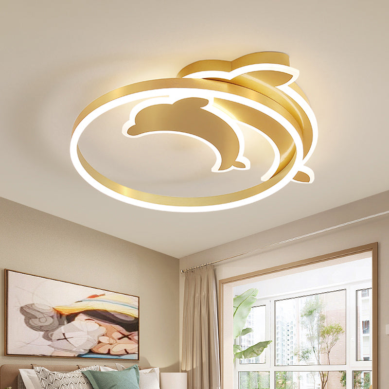 Childrens Ceiling Light Gold Dolphin and Loop Led Flush Mount Fixture with Acrylic Shade Clearhalo 'Ceiling Lights' 'Close To Ceiling Lights' 'Close to ceiling' 'Flush mount' Lighting' 2353608