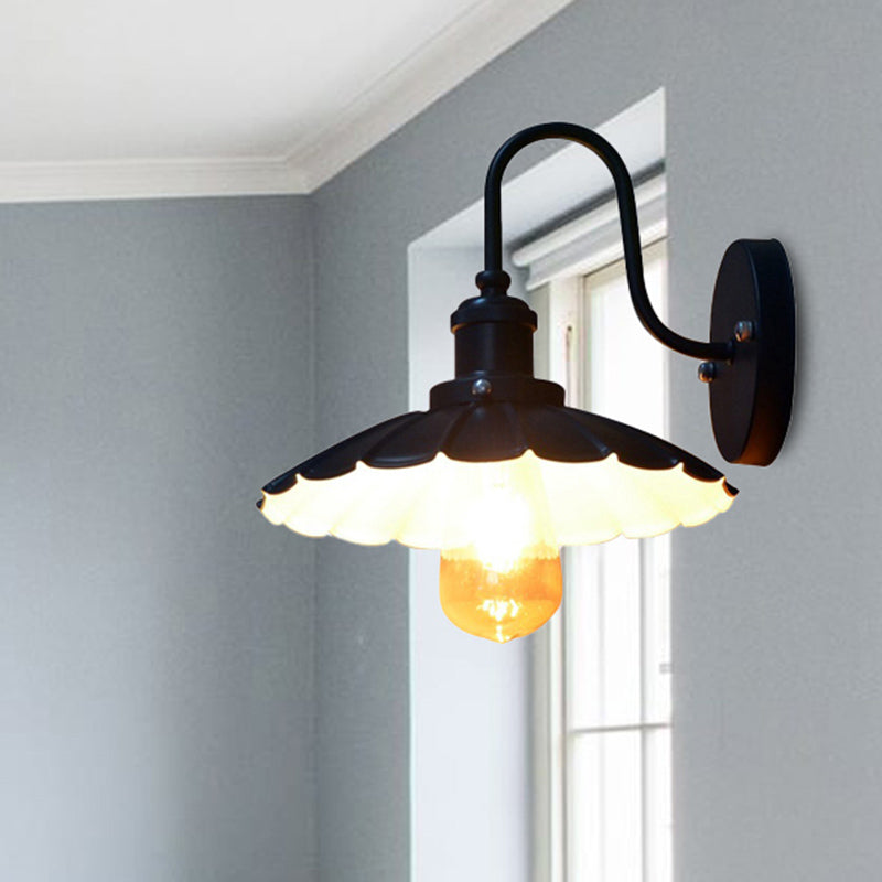 Gooseneck Metal Wall Sconce Light Industrial 9.5"/13" W 1 Light Corridor Wall Lamp with Scalloped Shade in Black Black Clearhalo 'Art deco wall lights' 'Cast Iron' 'Glass' 'Industrial wall lights' 'Industrial' 'Middle century wall lights' 'Modern' 'Rustic wall lights' 'Tiffany' 'Traditional wall lights' 'Wall Lamps & Sconces' 'Wall Lights' Lighting' 235365