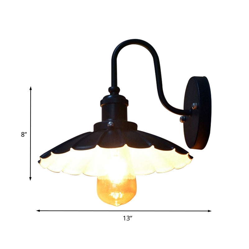 Gooseneck Metal Wall Sconce Light Industrial 9.5"/13" W 1 Light Corridor Wall Lamp with Scalloped Shade in Black Clearhalo 'Art deco wall lights' 'Cast Iron' 'Glass' 'Industrial wall lights' 'Industrial' 'Middle century wall lights' 'Modern' 'Rustic wall lights' 'Tiffany' 'Traditional wall lights' 'Wall Lamps & Sconces' 'Wall Lights' Lighting' 235366