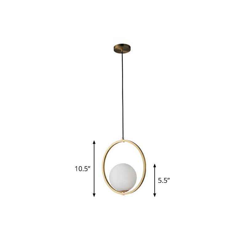 Ball Opaque Glass Ceiling Suspension Lamp Simplicity Single Brass Drop Pendant with Metal Ring Brass 10.5" Clearhalo 'Ceiling Lights' 'Modern Pendants' 'Modern' 'Pendant Lights' 'Pendants' Lighting' 2353853