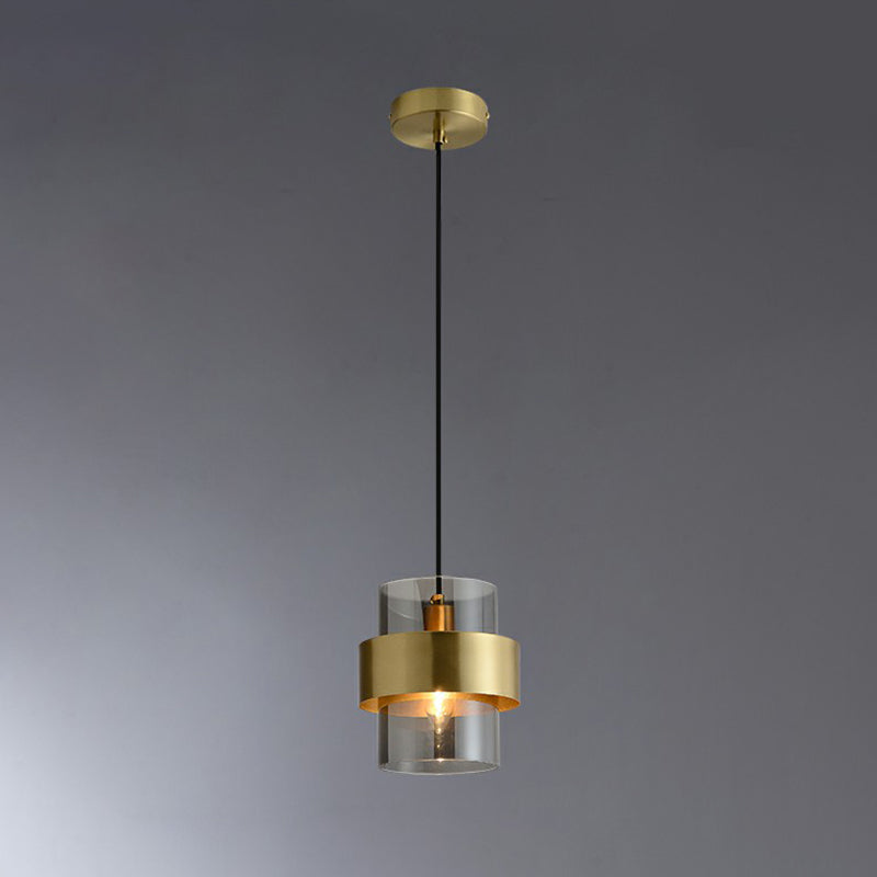 Cylinder Bedroom Down Lighting Smoke Grey Glass Single Postmodern Pendant Light in Brass Brass Clearhalo 'Ceiling Lights' 'Modern Pendants' 'Modern' 'Pendant Lights' 'Pendants' Lighting' 2353898