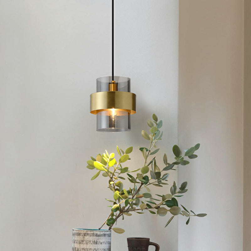 Cylinder Bedroom Down Lighting Smoke Grey Glass Single Postmodern Pendant Light in Brass Clearhalo 'Ceiling Lights' 'Modern Pendants' 'Modern' 'Pendant Lights' 'Pendants' Lighting' 2353899