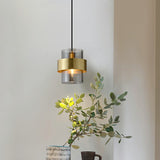 Cylinder Bedroom Down Lighting Smoke Grey Glass Single Postmodern Pendant Light in Brass Clearhalo 'Ceiling Lights' 'Modern Pendants' 'Modern' 'Pendant Lights' 'Pendants' Lighting' 2353899