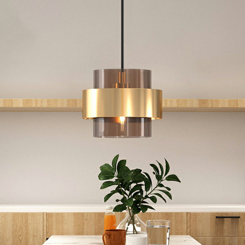 Cognac Glass Cylindrical Pendant Light Fixture Nordic 1 Head Hanging Lamp with Gold Ring Guard Clearhalo 'Ceiling Lights' 'Modern Pendants' 'Modern' 'Pendant Lights' 'Pendants' Lighting' 2353906