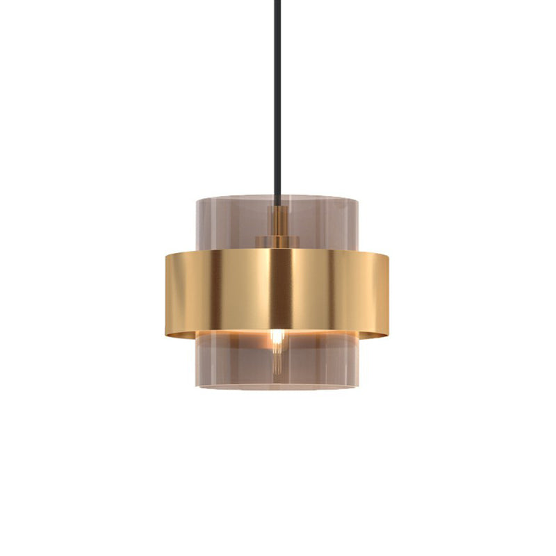 Cognac Glass Cylindrical Pendant Light Fixture Nordic 1 Head Hanging Lamp with Gold Ring Guard Clearhalo 'Ceiling Lights' 'Modern Pendants' 'Modern' 'Pendant Lights' 'Pendants' Lighting' 2353908